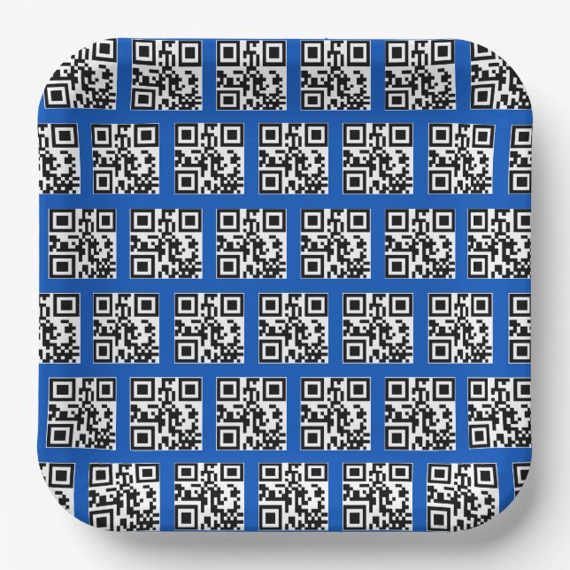 Happy Holidays QR Codes on Blue Paper Plates (Front)