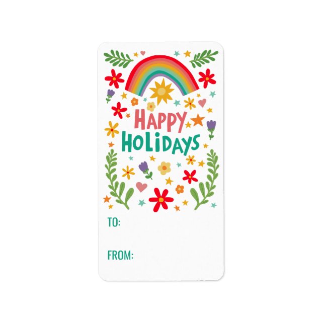 Happy Holidays Rainbow Cute CUSTOM TO FROM  Label (Front)
