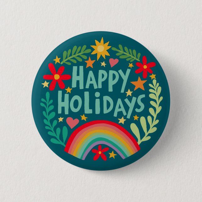 Happy Holidays Rainbow Cute Hand-drawn Colorful  Button (Front)