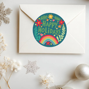 Happy Holidays Rainbow Cute Hand-drawn Colorful Classic Round Sticker