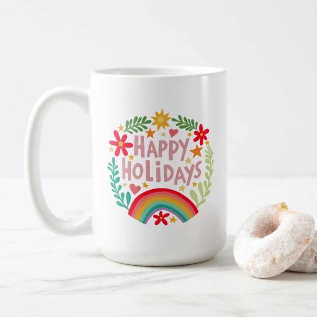 Happy Holidays Rainbow Cute Hand-drawn Colorful  Coffee Mug (With Donut)