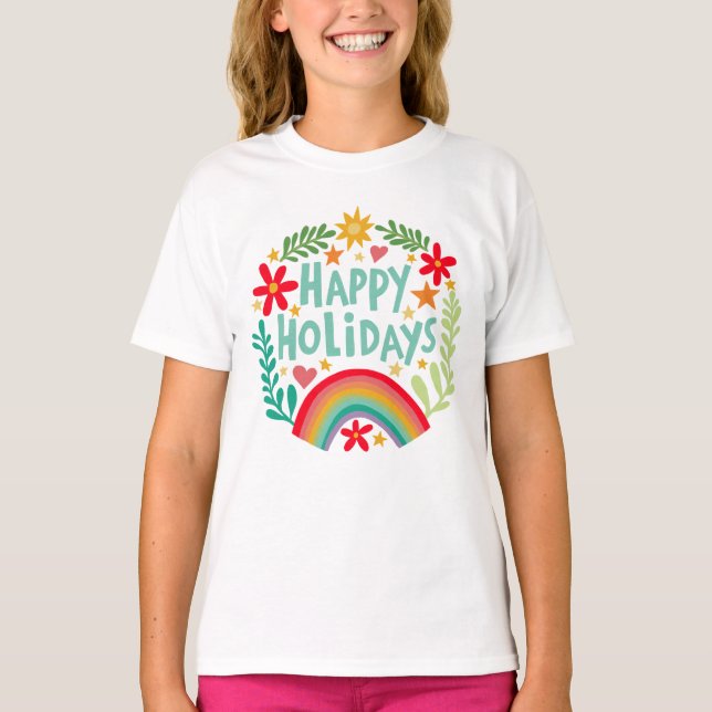 Happy Holidays Rainbow Cute Hand-drawn Colorful  T-Shirt (Front)