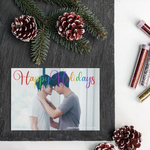 Happy Holidays Rainbow Script Gay Couple Photo Holiday Card