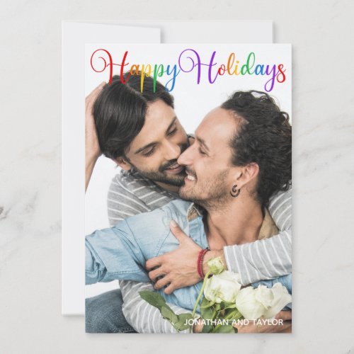 Happy Holidays Rainbow Script LGBT Couple Photo Holiday Card
