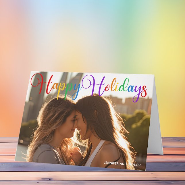 Happy Holidays Rainbow Script LGBT Couple Photo Holiday Card (Creator Uploaded)