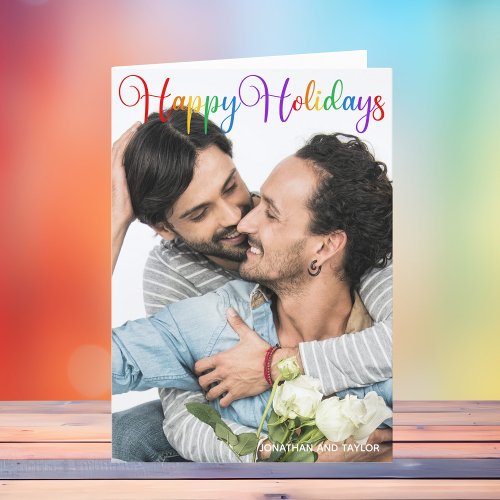 Happy Holidays Rainbow Script LGBTQ Couple Photo Holiday Card