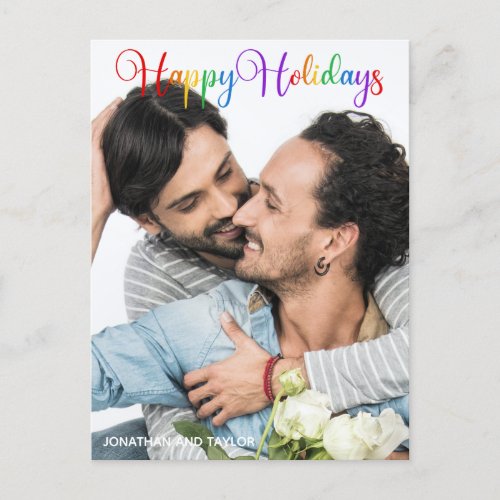 Happy Holidays Rainbow Script LGBTQ Couple Photo Postcard