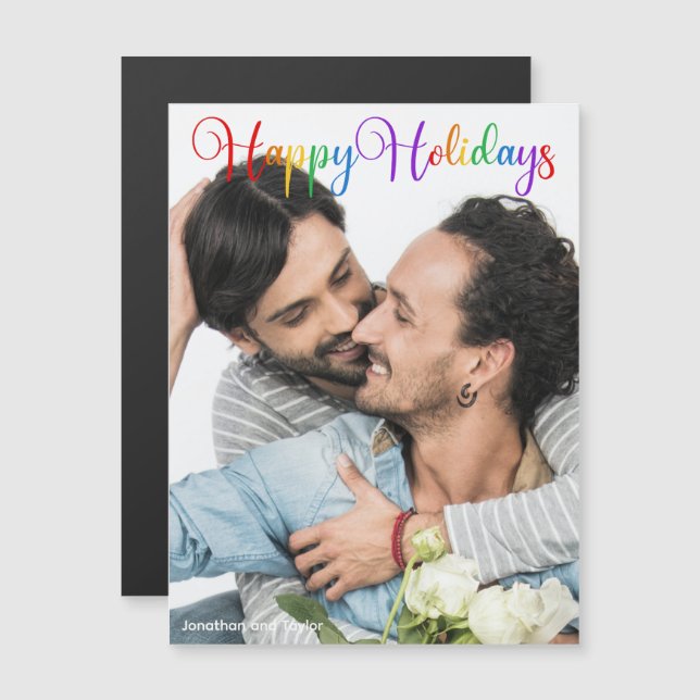 Happy Holidays Rainbow Script LGBTQ Photo Magnet (Front/Back)