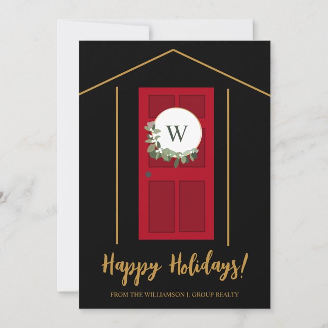 Happy Holidays Real Estate Monogram Door Wreath Holiday Card (Front)