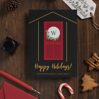 Happy Holidays Real Estate Monogram Door Wreath Holiday Card by Lorena_Depante at Zazzle