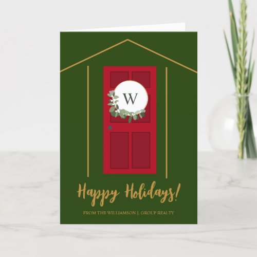 Happy Holidays Realtor Monogram Door Green Wreath Holiday Card