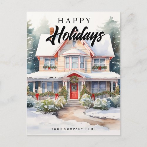 Happy Holidays Realty Watercolor Festive House Holiday Postcard
