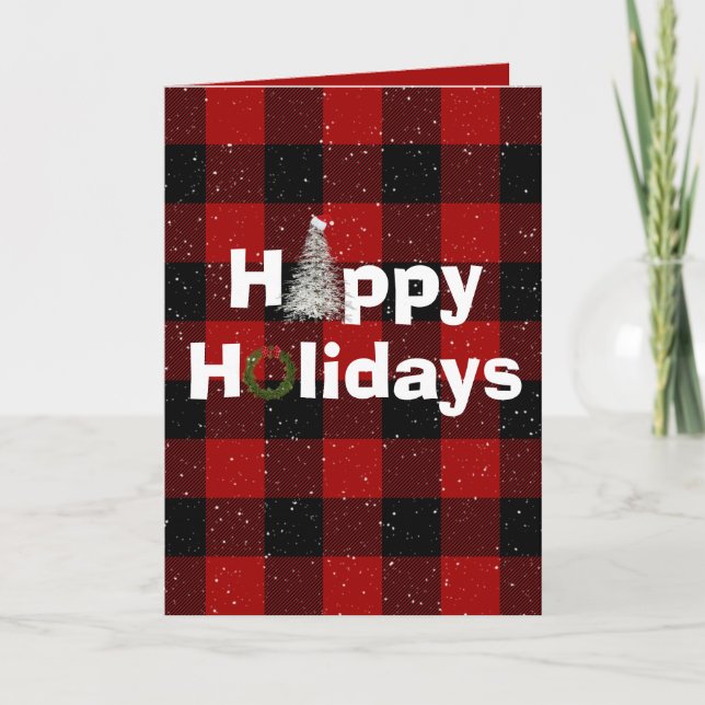 Happy Holidays red and black buffalo plaid Card (Front)