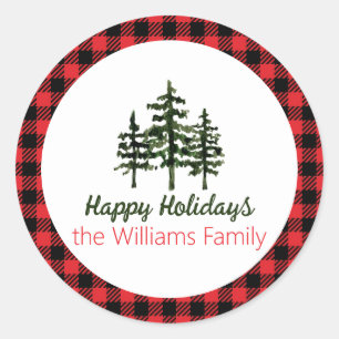 Happy Holidays Red and Black Check Classic Round Sticker