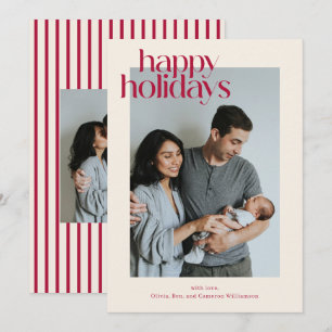 Happy Holidays Red and Cream Striped Family Photo Holiday Card