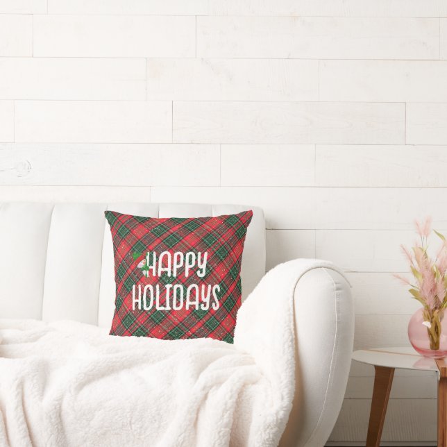 Happy Holidays Red and Green Scottish Tartan Plaid Throw Pillow (Couch)