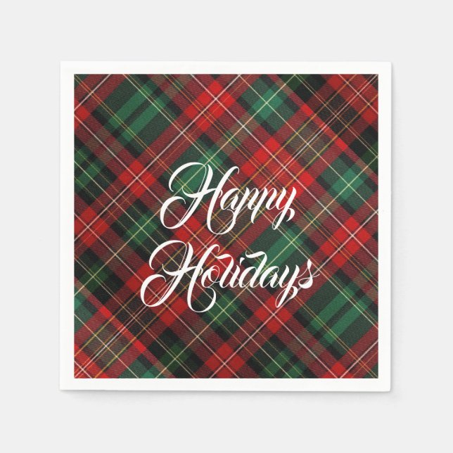 Happy Holidays Red and Green Tartan Plaid Napkins (Front)