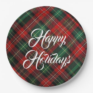 Happy Holidays Red and Green Tartan Plaid Paper Plates