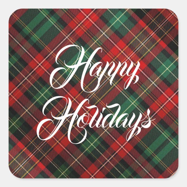 Happy Holidays Red and Green Tartan Plaid Square Sticker (Front)