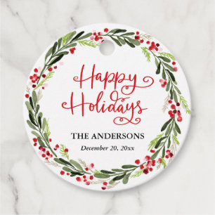 Happy Holidays Red Berry Holly Leaves Wreath Favor Tags