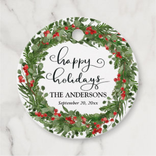 Happy Holidays Red Berry Holly Leaves Wreath Favor Tags