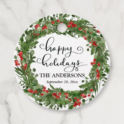 Happy Holidays Red Berry Holly Leaves Wreath  Favor Tags