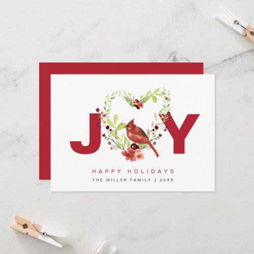 Happy Holidays Red Bird Floral Joy Greeting Card