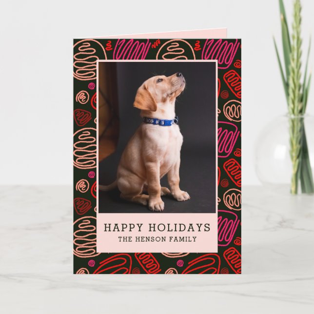 Happy Holidays Red Black One line Dog Photo Holiday Card (Front)