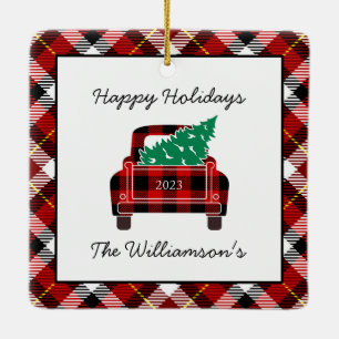 Happy Holidays Red Black Plaid Truck Tree Custom  Ceramic Ornament