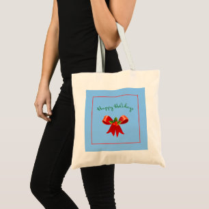 Happy Holidays Red Bow Holly Contemporary Modern Tote Bag
