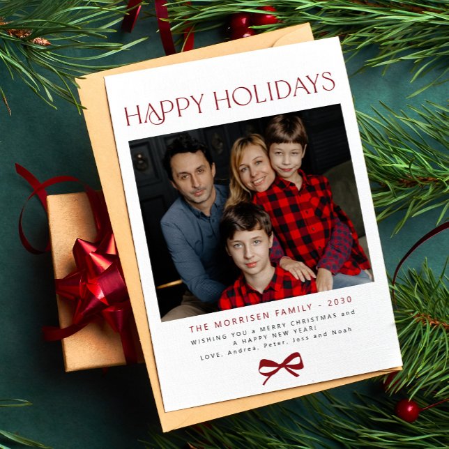 Happy Holidays red bow modern family photo Holiday Card (Creator Uploaded)