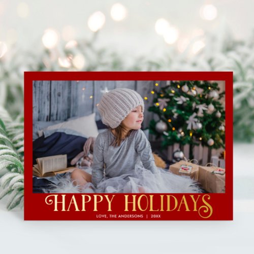 Happy Holidays red burgundy gold Modern one photo Foil Holiday Card