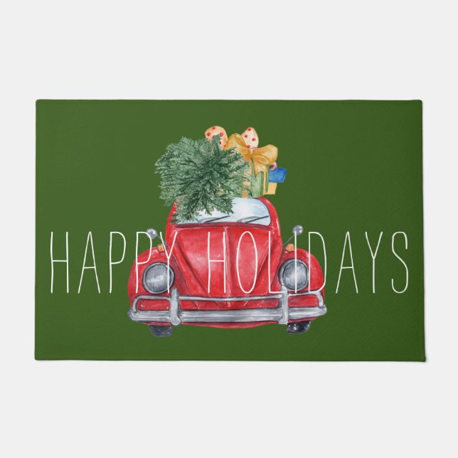 Happy Holidays Red Car Customizable   Doormat (Front)
