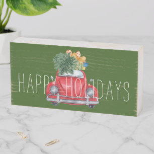 Happy Holidays Red Car Customizable Wooden Box Sign