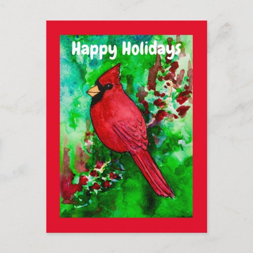 Happy Holidays Red Cardinal Bird Green Forest Postcard