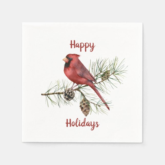 Happy Holidays Red Cardinal Pine Branch Pine Cones Napkins (Front)