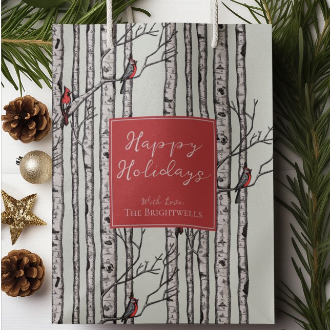 Happy Holidays Red Cardinals Birch Forest Medium Gift Bag (Pretty and Modern Hand Drawn Red Cardinals on Birch Tree Branches. Light Sage Green Background.)