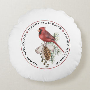 HAPPY HOLIDAYS, Red Christmas Cardinal Watercolor Round Pillow