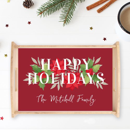 Happy Holidays Red Christmas Floral Family Name Serving Tray