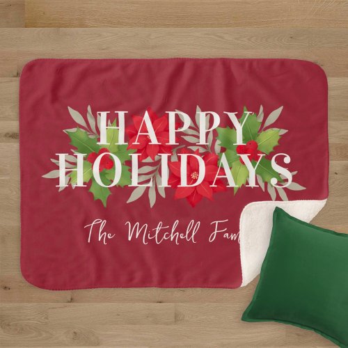 Happy Holidays Red Christmas Floral Family Name Sherpa Blanket