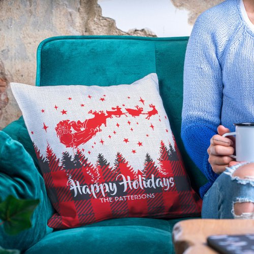 Happy Holidays Red Christmas Plaid Personalized Throw Pillow