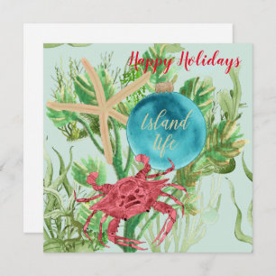 Happy Holidays Red Crab Coastal Square Greeting Card