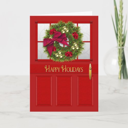 Happy Holidays Red DoorWreath Holiday Card