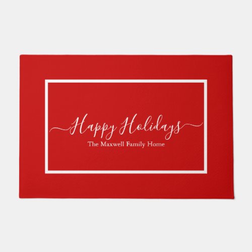 Happy Holidays red family name  Doormat