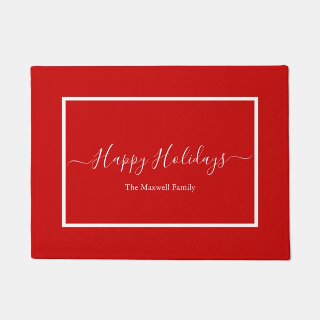 Happy Holidays red family name  Doormat (Front)