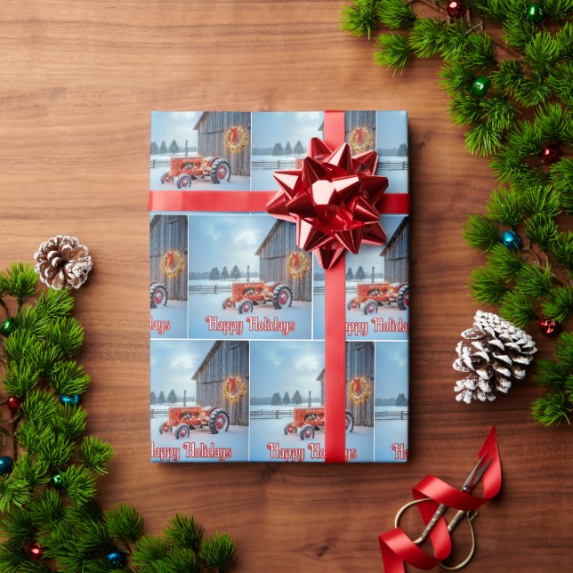 Happy Holidays Red Farm Tractor In Snow Wrapping Paper (Holiday Gift)