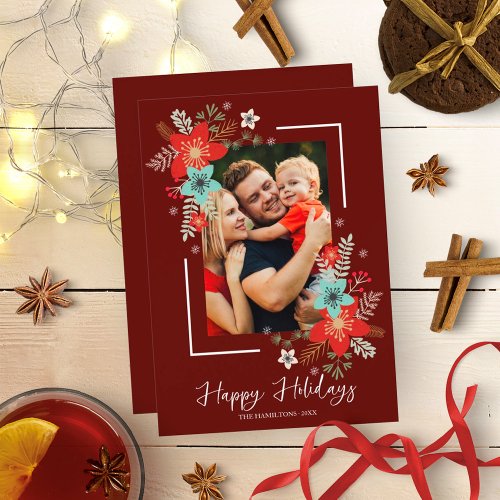 Happy Holidays Red Floral Christmas Photo Invitation