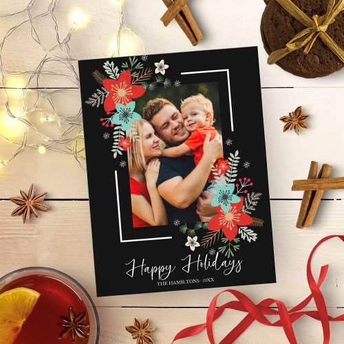 Happy Holidays Red Floral On Black Christmas Photo Postcard