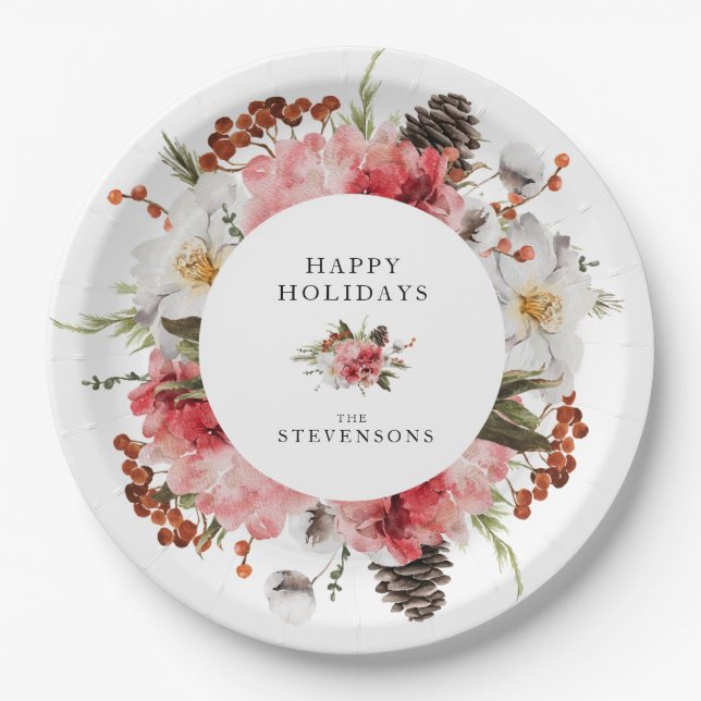 Happy Holidays Red Floral Personalized Paper Plates (Front)