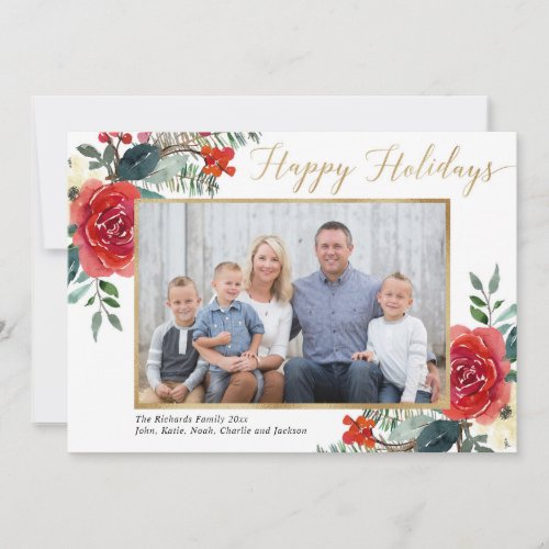 Happy Holidays red floral watercolor photo card